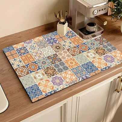1片吸水沥水垫，厨房装饰咖啡机垫，手工咖啡壶沥水垫，厨房地垫，餐桌垫，厨房台面沥水垫，西班牙风格马赛克瓷砖图案早餐垫，防滑耐热沥水垫，硅藻土沥水垫，遮盖污渍，超强吸水厨房垫，易清洁碗碟架垫，适用于厨房、餐桌、咖啡店、酒吧、节日、派对、家居装饰、节日礼物