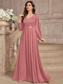 MIUSOL Elegant Floral Lace Deep V-Neck Lantern Sleeve Ruffle Hem Evening Maxi Dress Party Wedding Spring - Dusty Pink - View 4