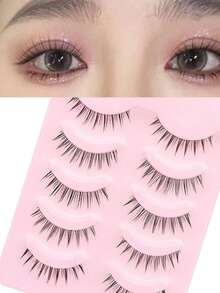 全条假睫毛，自然卷曲浓密纤长柔软交叉轻盈黑色睫毛梗，迷人漫画风格，日常佩戴逼真假睫毛，可重复使用 - 黑色 - 查看 1