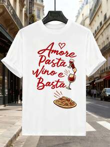 Italienisches Pasta-Wein-Liebes-T-Shirt für den Herbst, 100 % Baumwolle, auff?lliger Print, l?ssig, atmungsaktiv - Weiss - Übersicht 2