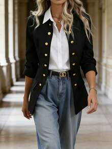 Lady's Elegant Double-Breasted Suit Jacket With Fashionable Long Sleeves, Featuring Flap Pockets Made Of Black Polyester Fabric - màu đen - Xem 5