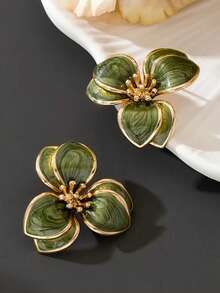 1 Pair Fashionable Women's Elegant Floral Earrings, Alloy Petal Design Suitable For Parties And Music Festivals, Wearable All Seasons - Green - View 5