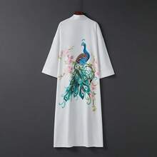 Áo khoác kimono satin kiểu phương Đông họa tiết chim công trắng và hoa anh đào – Kiểu dáng thanh lịch, mở phía trước, nhẹ nhàng, hoàn hảo cho kỳ nghỉ hè ở bãi biển, che chắn bikini và trang phục mặc nhà thoải mái. - trắng - Xem 14