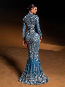 Faeriesty 优雅奢华的美人鱼晚礼服，饰以精致的荷叶边、闪亮的珠饰和亮片，高领设计，正式而迷人，适合红毯活动、婚礼、正式晚宴和高端晚宴派对。 - 藍色 - 查看 3