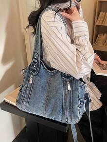 時尚人造皮革大容量手提托特包 通勤單肩斜跨女包，適合外出、購物、旅行 - 藍色 - 查看 5