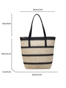 Dedoo Rainbow Stripe Woven Strap Spliced Underarm Straw Bag, Suitable For Spring And Summer, Vacation By The Sea, Daily Travel, Large-Capacity Single-Shoulder Tote Bag And Underarm Bag - Black - View 4