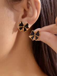 1 Pair Elegant Enamel Bow Earrings, Sweet & Cute Pink/White/Black Bow Earrings For Women - Butterfly - View 2