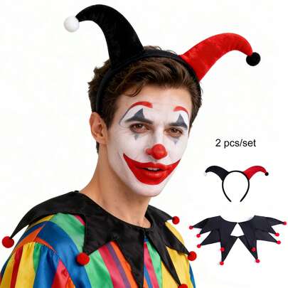 2pcs Halloween Carnival Funny Costume Set, Circus Performer Clown Headband & Collar Decoration