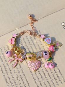 1pc XOXO Heart Charm Bracelet, Cute Pink Bow Heart Bracelet, Pink Leopard Print Heart Bracelet, Pink Cross Bracelet, KISSME Bracelet - Gold - View 12