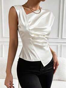 女士纯色不对称/不对称荷叶边休闲衬衫 白色 - 白色 - 查看 2