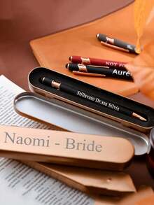 Customized Text Touchscreen Ballpoint Pen Box Set, Rectangular Tin Pencil Case, Stationery Box With Connected Flip Cover - Gold - View 4