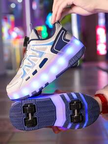 Youth LED Light Up Roller Skate Shoes, Wheels Retractable, All Season LED Lighting Wheels Sneakers, Fashionable Streetwear Style Plaid Skateboard Shoes With Hook And Loop And Rechargeable Lithium Polymer Battery, Outdoor Sports Low-Top Roller Skating Shoes With Breathable PU Upper And Durable TPR Sole - Mint Blue - View 8