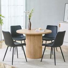 Minimalist Dining Set Consisting Of A Round Table And Four Chairs. Round Dining Table In MDF, 100 Cm In Diameter, With A Light Wood Finish. Four Matching Chairs Upholstered In Black Faux Leather. - Black - View 3