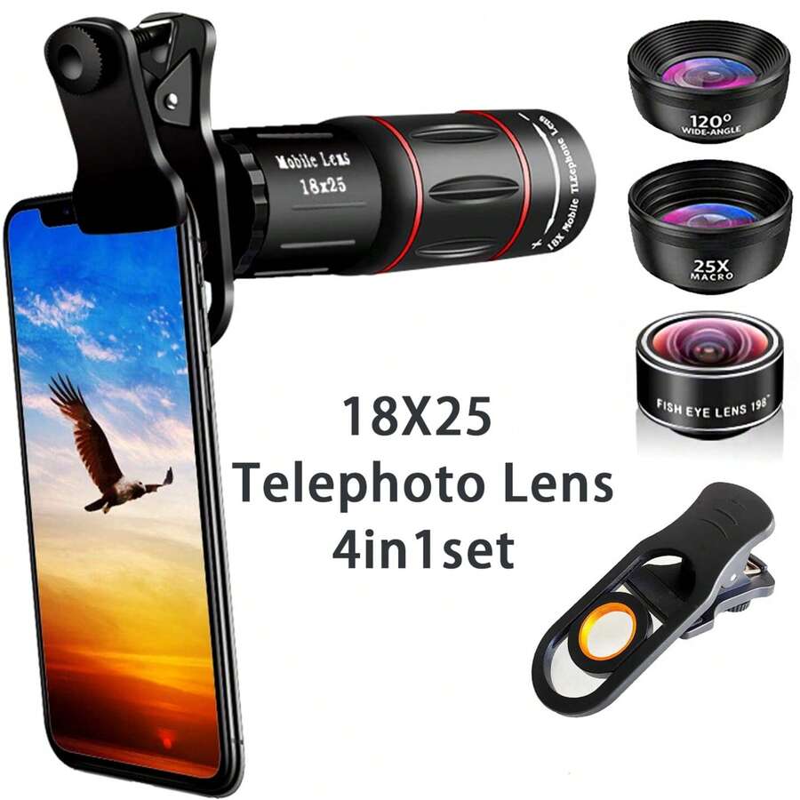 Lensa Telefoto Jarak Jauh 18X untuk Smartphone, Termasuk Lensa Fisheye + Sudut Lebar + Makro, Cocok untuk Berkemah dan Mendaki di Luar Ruangan, Kompatibel dengan Apple, Android, dan Smartphone Lainnya, Perlengkapan Fotografi Kreatif - Kit lensa telefoto ponsel - View 1