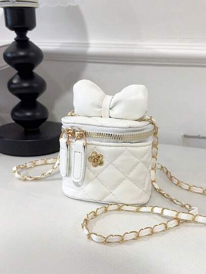 2026新款儿童迷你水桶包，带刺绣肩带，可爱蝴蝶结装饰链条斜挎口红包