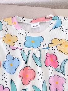 Conjunto de 2 piezas de top de manga corta con cuello con volantes y estampado floral + pantalones a juego para bebé niña, verano - Blanco - Ver 4