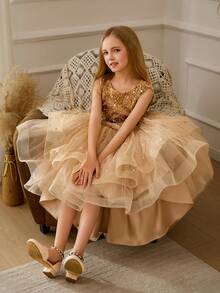 Tween Girl Christmas Elegant Sequin Trailing Tulle Princess Dress, Suitable For Birthday Party, Flower Girl, Wedding, Prom, Holiday Occasions - Champagne - View 5