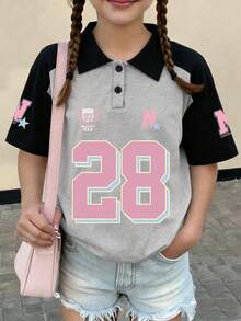女童休闲Polo衫，简约设计，饰以青春洋溢的血字图案，Polo领短袖，适合夏季穿着。 - 灰色 - 查看 3