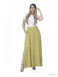 Steve Store Women's Fashion Floral Skirt Made Of Viscose Linen Fabric With Lining, Featuring Pockets And Side Slits, And An Elasticated Waistband. - 黃色的 - 查看 2