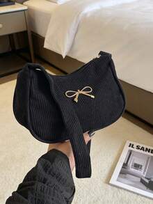 Bolso de mano de pana de unicolor minimalista con decoración de lazo, bolso baguette casual y elegante para llevar debajo del brazo - Negro - Ver 1