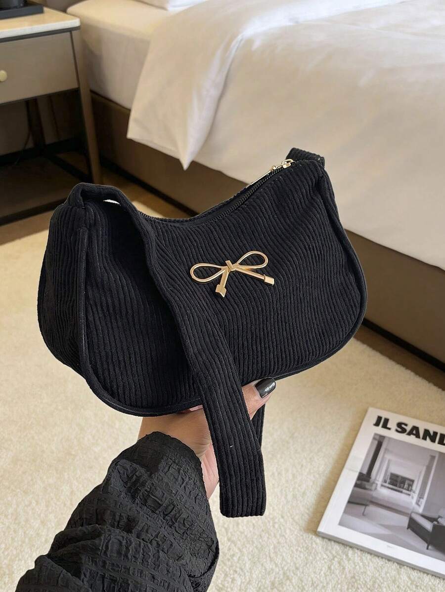 Bolso de mano de pana de unicolor minimalista con decoración de lazo, bolso baguette casual y elegante para llevar debajo del brazo - Negro - Ver 1