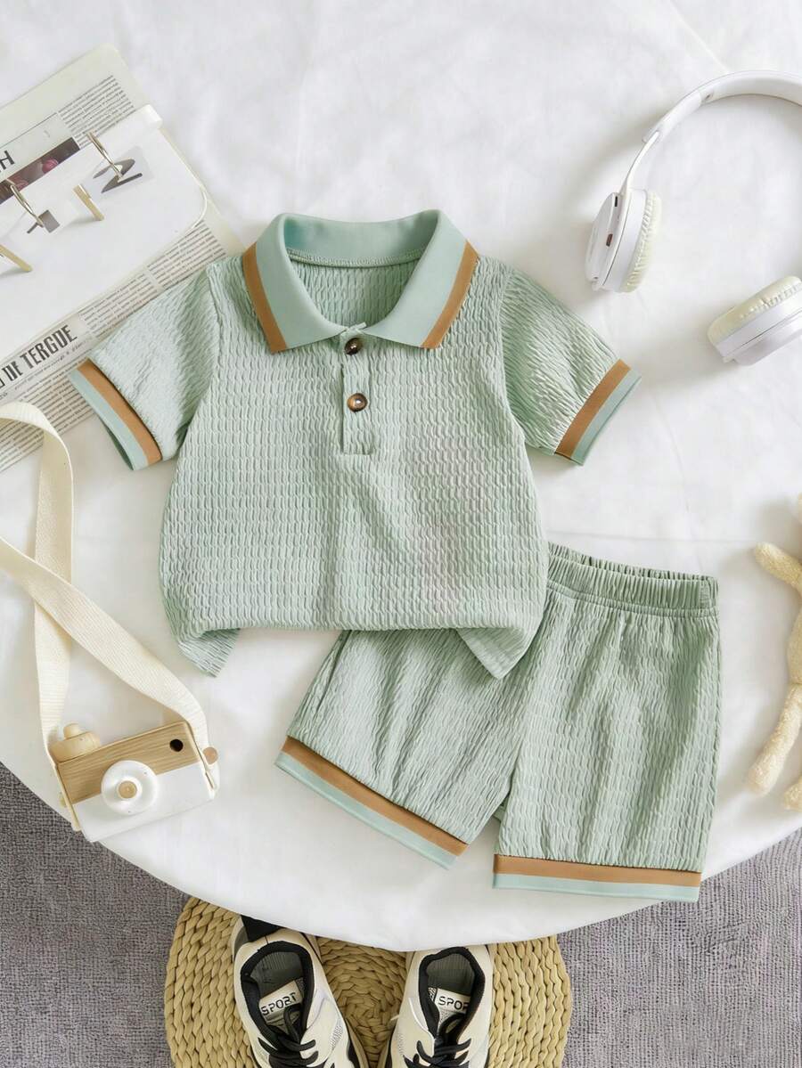 2件套男婴提花面料Polo领上衣和休闲短裤，夏季 - 薄荷綠 - 查看 1