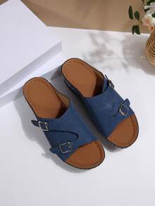 Summer New Comfortable Flat Non-Slip Beach Sandals, Casual Metal Buckle Fashion Versatile Open Toe Thick Sole Slides - Navy Blue - View 3