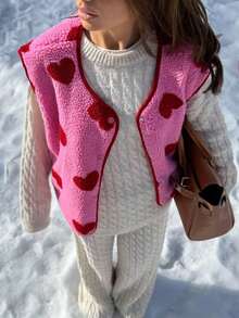 1件爱心图案印花背心外套，日常穿着，新款秋冬及四季皆宜夏季设计 - 玫紅色 - 查看 1