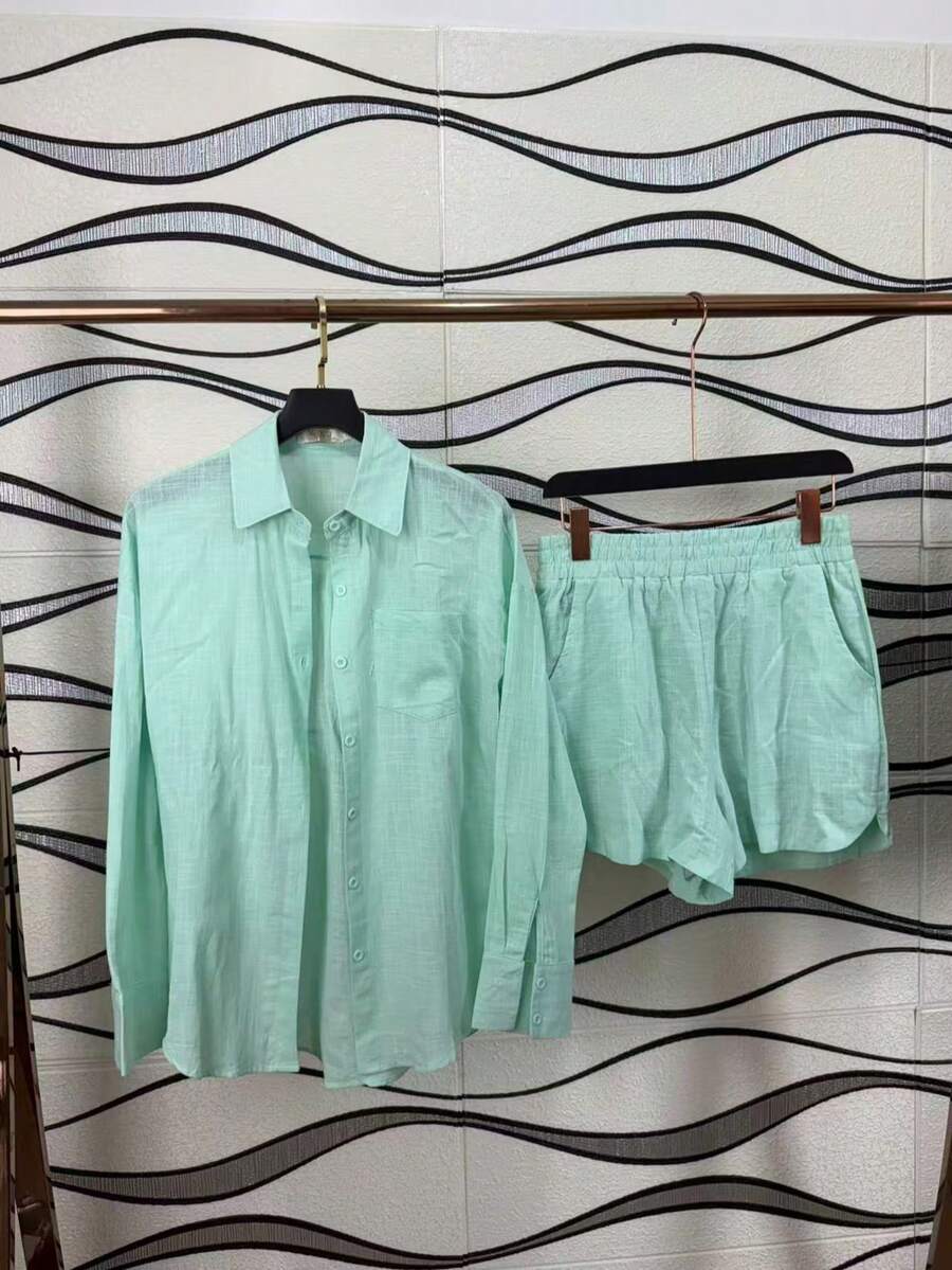 Two-Piece Linen Shirt And Shorts Set, Lined With Elastic. Summer Vacation: Perfect For Celebrating Christmas, New Year's Eve And New Year In Brazil! - 青碧色 - 查看 1