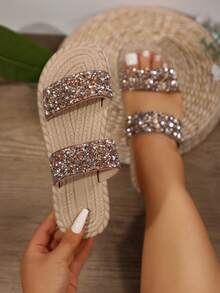 宽楦女士时尚编织平底凉鞋，舒适轻便大码棕色拖鞋，夏季休闲沙滩鞋，尺码 35-45 - 銹棕色香檳鑽 - 查看 2