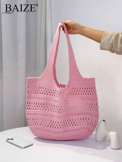 2026 Spring/Summer Fashionable Retro Vacation Style Large Capacity Crochet Woven Beach Bag, Handmade Woven Shoulder Strap, Foldable Hollow-Out Elegant Tote Bag, Ideal For Dates, Outings, Shopping, Vacation And Cruises. A Perfect Gift For Mother's Day, Valentine's Day Or Teacher's Day.