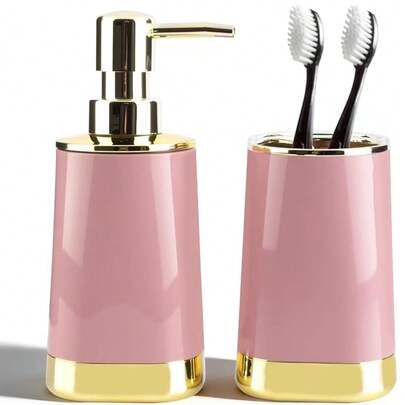 2pcs Gray And Gold Bathroom Accessories Set, Including Soap Dispenser And Toothbrush Holder, Suitable For Modern Bathroom Decor