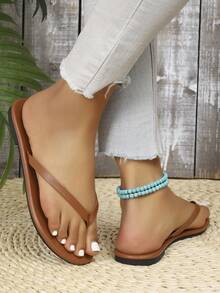 少女人字拖，平底凉鞋，休闲度假海滩风，时尚夏季户外露趾拖鞋，适合搭配连衣裙，海滩出行 - 棕色 - 查看 5