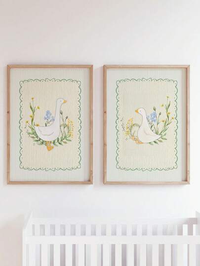 1pc Framed Canvas Wall Art, Mother And Baby Wall Art, Vintage Wall Decor "Silly Goose" For Kids Room, Sweet Floral Pattern, Suitable For Boys Room, Girls Room, Animal Baby Decor, Mother's Day Gift, Spring Decor, Mother's Day Poster, Perfect For Playroom, Nursery, Children's Room, Boys Room, Girls Bedroom, Kids Room