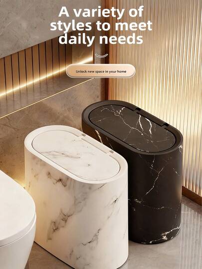 1pc Marble Pattern Corner Trash Can With Lid - Square Sealed Odor-Proof Design, Pedal-Operated Opening, Suitable For Bathroom, Hotel, Home, Homestay, Kitchen, Living Room, Plastic Trash Can, Fashion Trash Can, Suitable For Narrow Spaces, Space-Saving Design, Bathroom Trash Can, Home Decor, Bathroom Decor & Accessories, Christmas Decor
