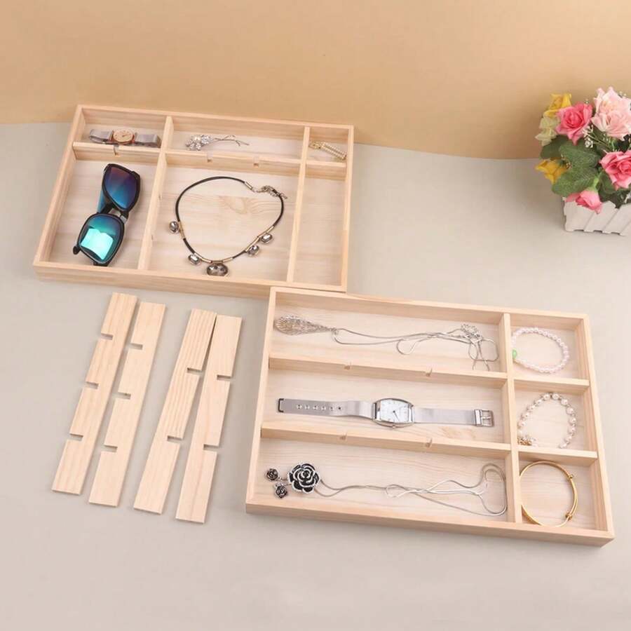 Exhibición de joyería de madera, soporte de joyería exquisito apilable, anillo portátil, pendientes, collar, caja organizadora, organizador de niños - 6 cuadrículas - Ver 1