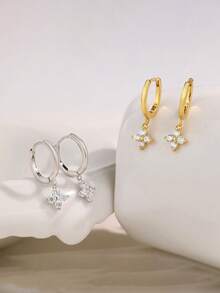 Bông tai bạc 925 hình hoa bốn lá, mặt dây chuyền hình tròn đôi đính đá Cubic Zirconia, kiểu dáng hoa lá ngọt ngào, không gây dị ứng, kèm hộp quà sang trọng. - Nhiều màu - Xem 2
