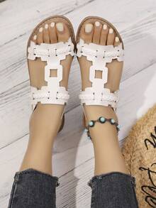 女士柔软舒适平底凉鞋，编织镂空弹力凉鞋，优雅波西米亚风沙滩休闲性感PU皮镂空平底凉鞋，沙滩节日假日夏季 - 白色 - 查看 8