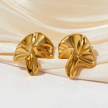 新款不对称扭曲不锈钢褶皱耳环，独特手工抓花设计时尚耳环 - 金色 - 查看 3