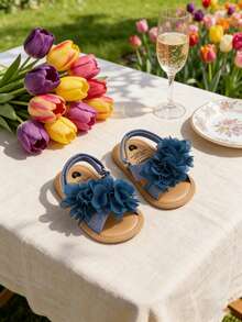 1双女婴3D雪纺花朵凉鞋，海军蓝露趾沙滩鞋，柔软防滑幼儿夏季鞋 - 寶藍色 - 查看 5
