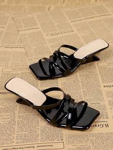 Women's Square Toe Criss-Cross Strap Black High Heel Sandals, Casual Versatile Open Heel Mule Sandals For Summer - Black - View 5