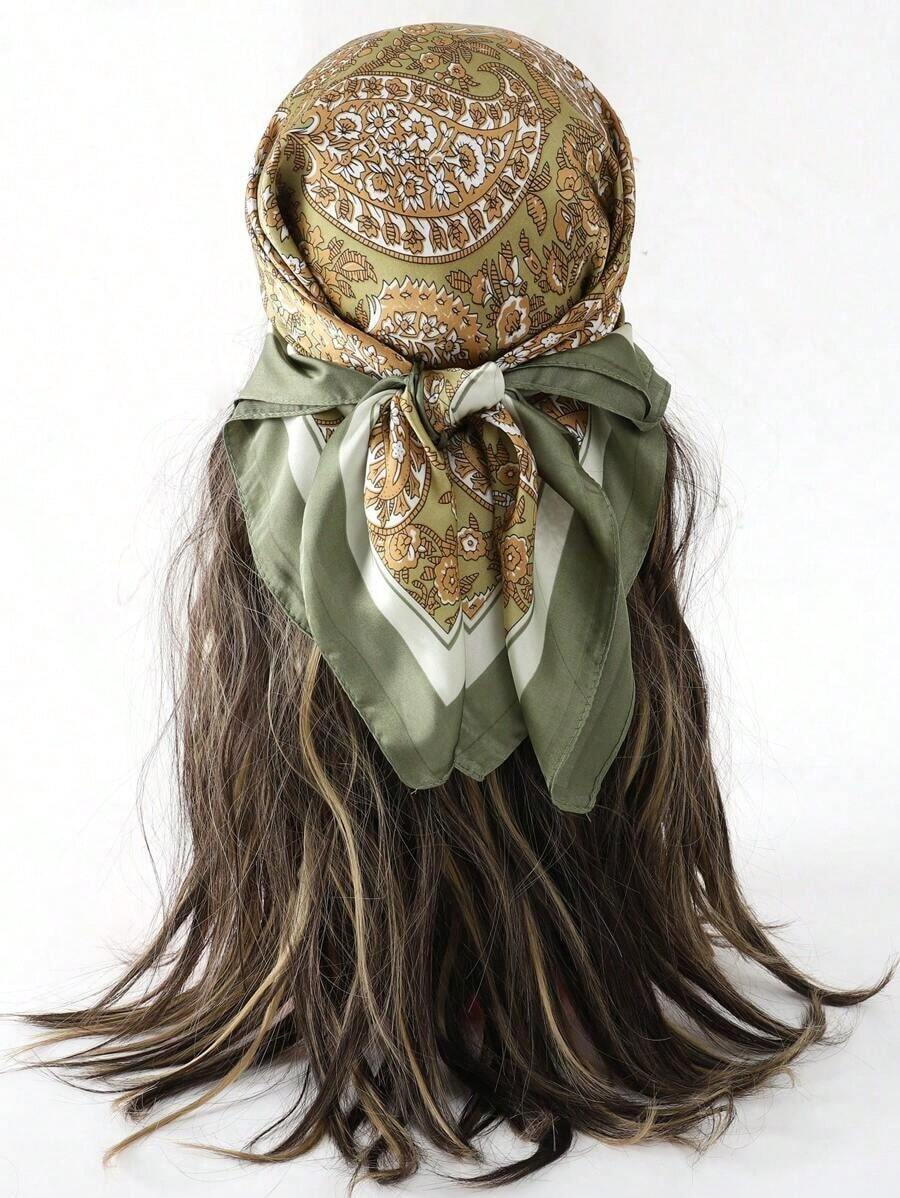 1pc Women's Elegant Paisley Print Scarf, 70*70cm Satin Bandana Headscarf Shawl, Bohemian Style Suitable For Everyday Wear - Green - View 1