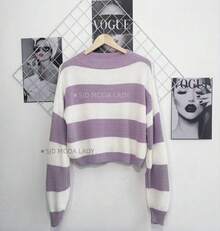 SJD MODA LADY Striped Sweater Knit Modal Off Shoulder Super Autumn Winter Korean Style Best Fabric - Purple Baby White Stripe - View 2