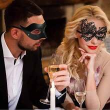 Set de 2 máscaras de pareja, máscara de encaje negro de reina para mujer, máscara de media cara para hombre, adecuada para baile de máscaras, carnaval, festivales románticos, gala, accesorios del Día de San Valentín - Multicolor - Ver 5