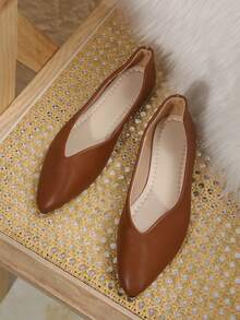 宽楦加大码纯色舒适软底尖头芭蕾舞鞋，棕色尖头芭蕾平底鞋，优雅女士春夏鞋款，适合日常穿着、通勤、办公、休闲，母亲节礼物 - 棕色PU - 查看 5