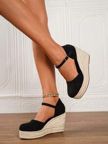 Women's Platform & Thick Bottom Slip-On Espadrille Shoes, Black Round Toe Vacation Beach Woven Strap Sandals, Vacation Rope Bottom Elastic Band Paired With Women's Shoes - Black - View 8