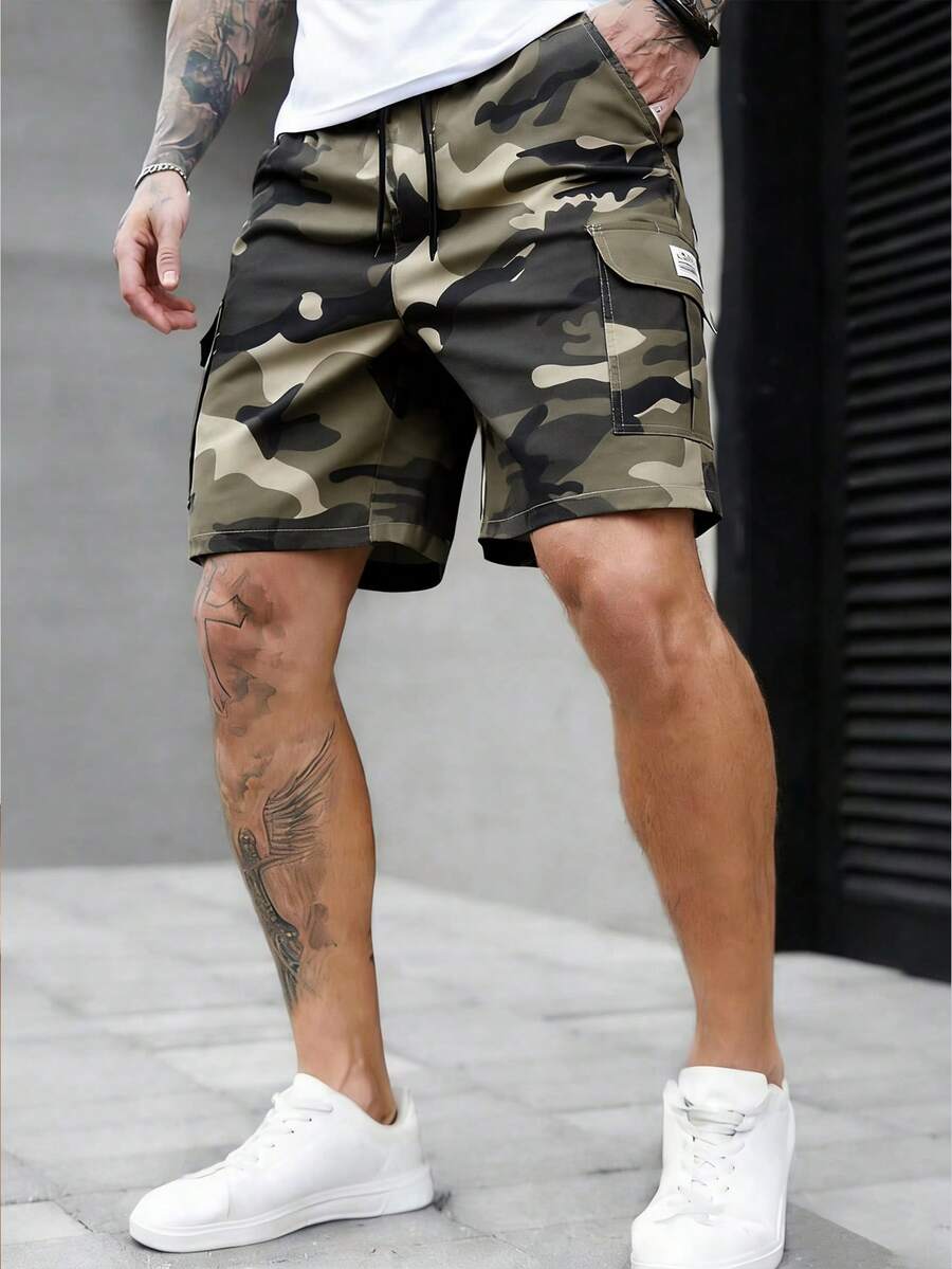 男士迷彩工装休闲短裤，户外运动宽松百慕大短裤 - 卡其色 - 查看 1