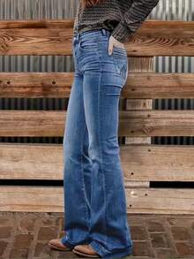 Women's Personalized Back Pocket Embroidery Design Flared Stretch Jeans Casual Spring - Medium Blue Embroidery - View 3