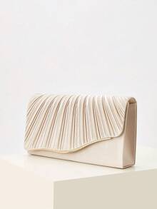 Luxury Champagne Pleated Clutch, Satin & Gold Wave Trim Evening Bag For Prom & Cocktail - Apricot - View 7