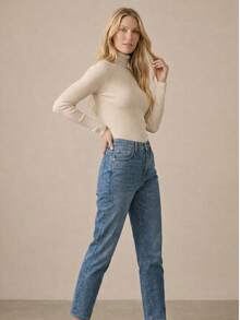 Women's Ribbed Turtleneck Sweater With Medium Neckline And Long Sleeves, Second-Skin Style, Simple And Casual. - Rượu sâm banh - Xem 7